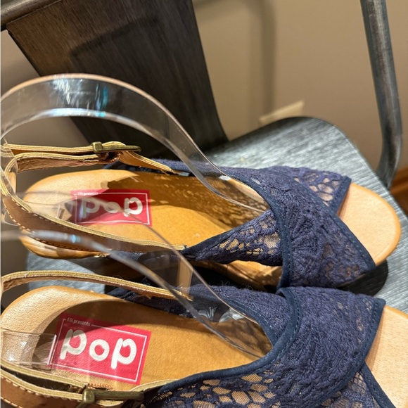 Pop Midnight Blue Lace Wedge Sandals - Picture 3 of 15